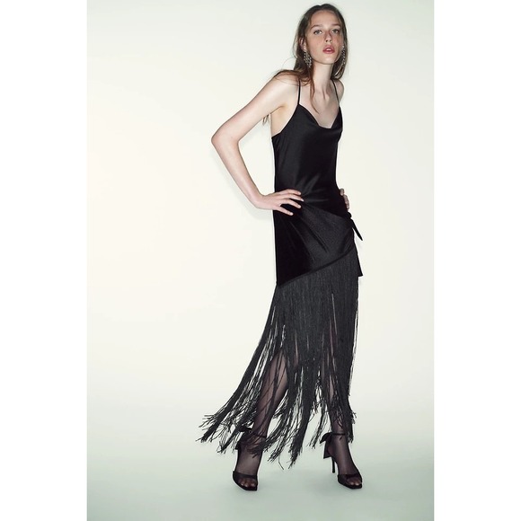 Zara Dresses & Skirts - Zara Fringe Slip Dress Womens Medium Black New Festive Days Cowl Neck Velvet